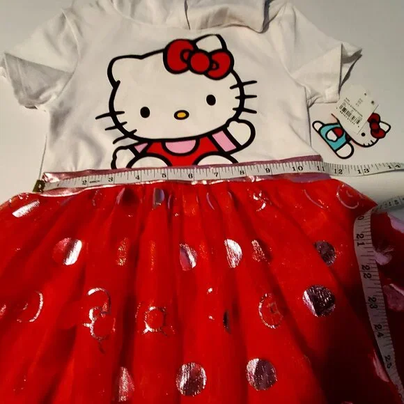 Hello Kitty Hooded Dress XS Red Tulle Skirt White Top Short Sleeves Kids Outfit - Picture 4 of 8